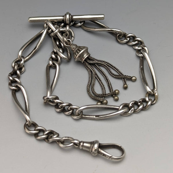 1900年頃 英国アンティーク 純銀製アルバートチェーン 30g ファンシーリンク タッセルフォブ